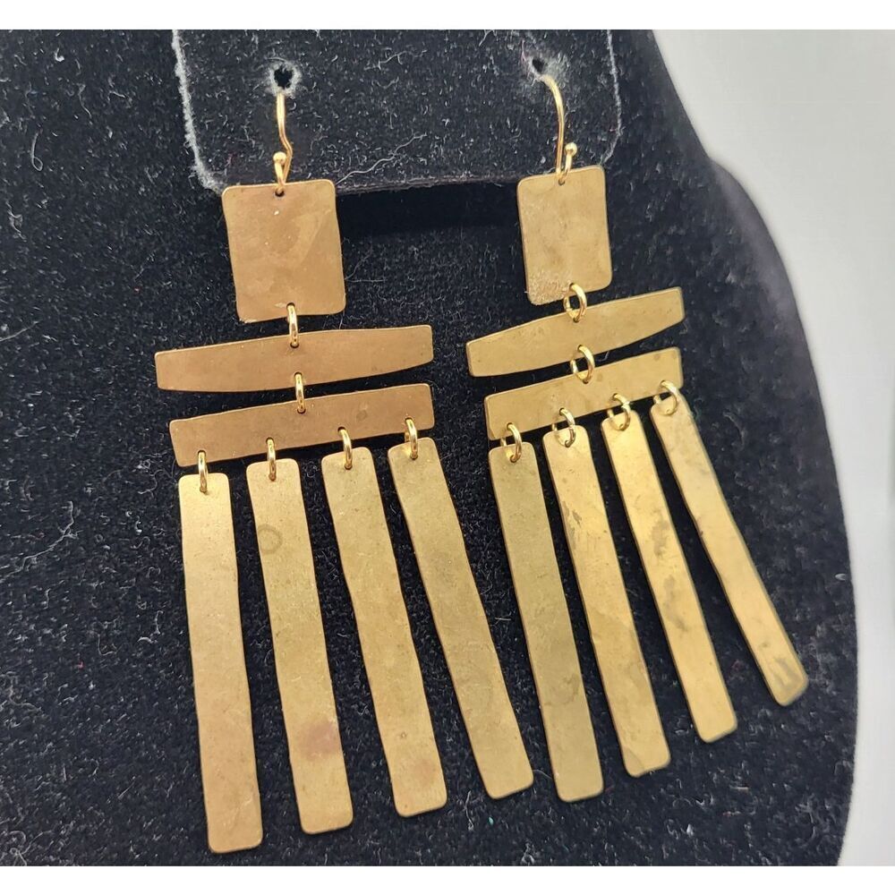 Artisan Brass Bohemian Fringe Geometric Earrings 3in - Picture 2 of 5